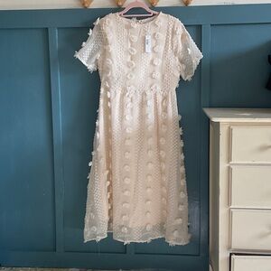Baltic Born Cream Midi Dress with Textured Floral Appliqué